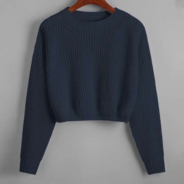 

Solid Drop Shoulder Crop Sweater, Navy blue