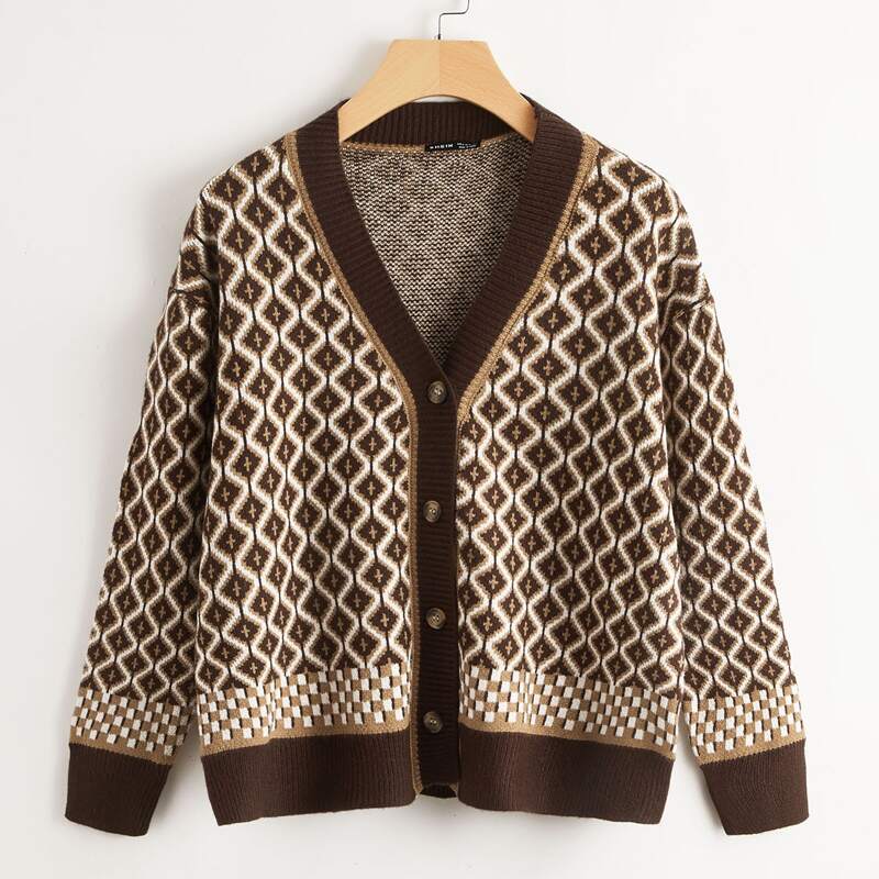

Drop Shoulder Geo Button Up Cardigan, Multicolor