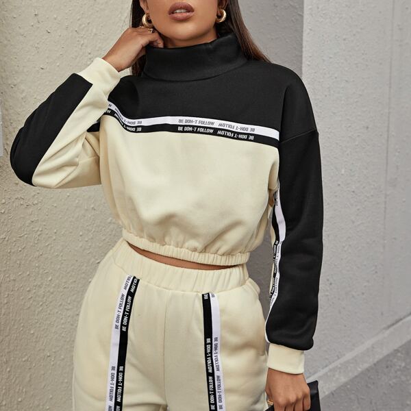 

Funnel Neck Slogan Tape Detail Colorblock Pullover, Multicolor