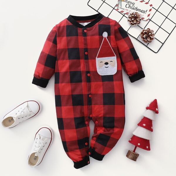 Baby Boy Santa Claus Patched Buffalo Plaid Jumpsuit, Multicolor