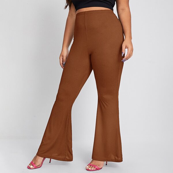 

Plus Solid Rib-knit Flare Leg Pants, Brown