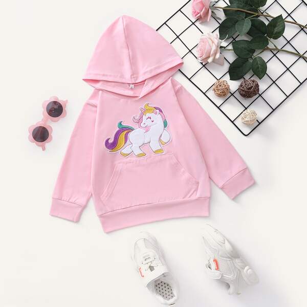 

Toddler Girls Cartoon Unicorn Embroidery Hoodie, Baby pink