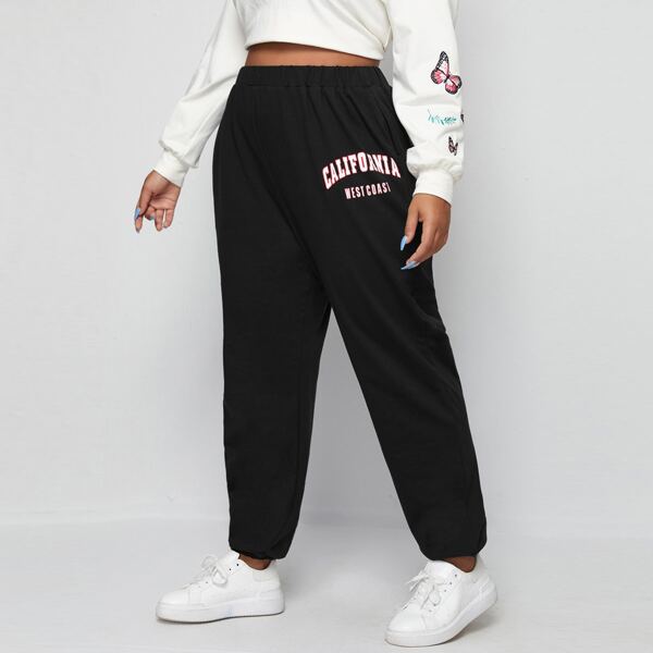 

Plus Elastic Waist Letter Graphic Sweatpants, Black
