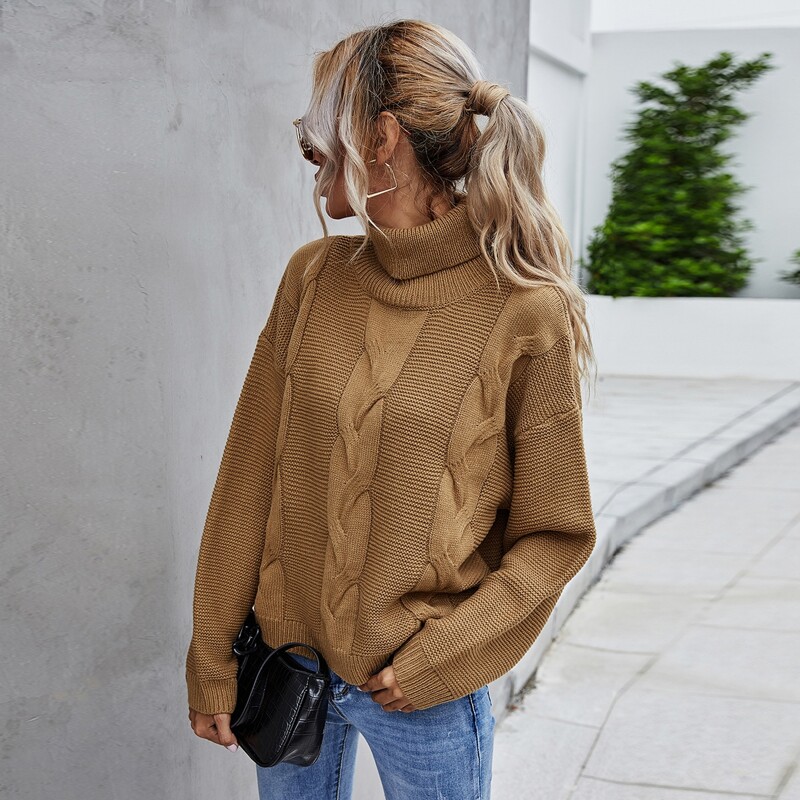 

Cable Knit Drop Shoulder Turtleneck Sweater, Camel