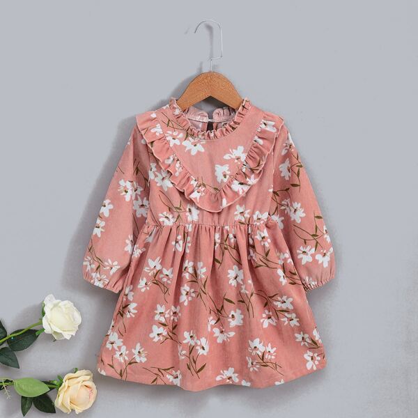 

Toddler Girls Floral Print Ruffle Trim Button Keyhole Dress, Dusty pink