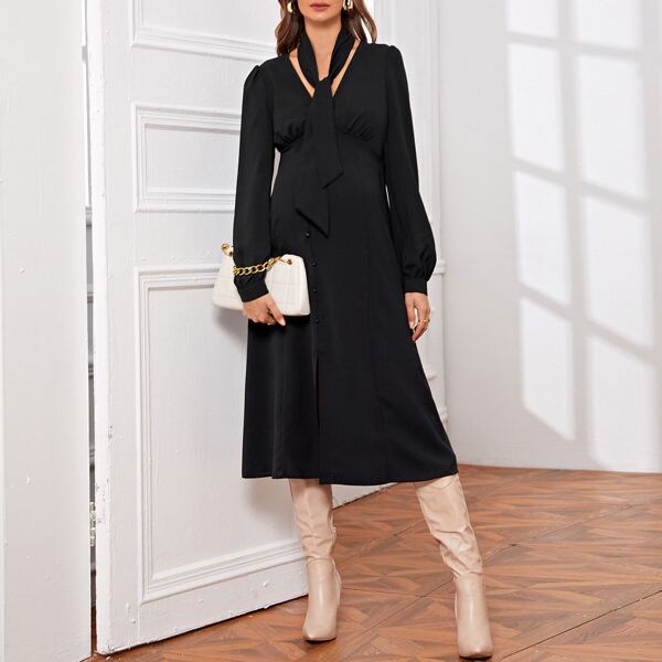 

Maternity Draped Detail Button Front Dress, Black