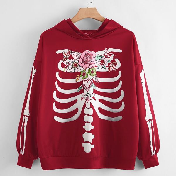 

Plus Skeleton And Floral Print Hooded Sweatshirt, Rose red