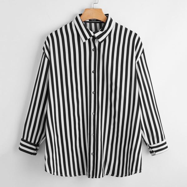 

Plus Vertical Striped Button Up Blouse, Black and white