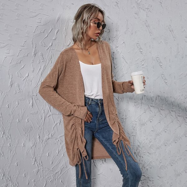 

Drawstring Ruched Open Front Coat, Apricot