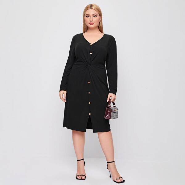

Plus Twist Front Button Detail Dress, Black