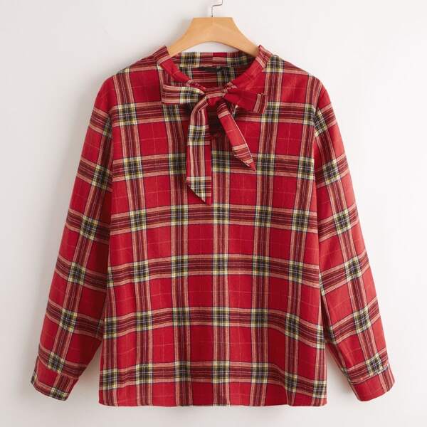 

Plus Tie Neck Plaid Blouse, Red