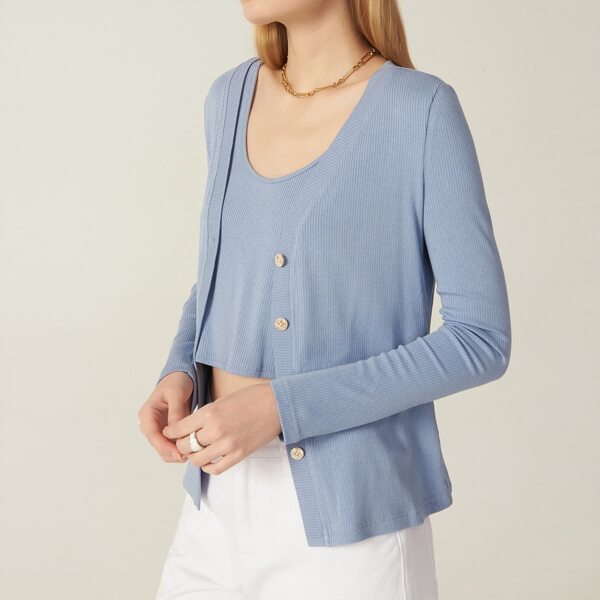 

RAYON RIB-KNIT CARDIGAN, Dusty blue