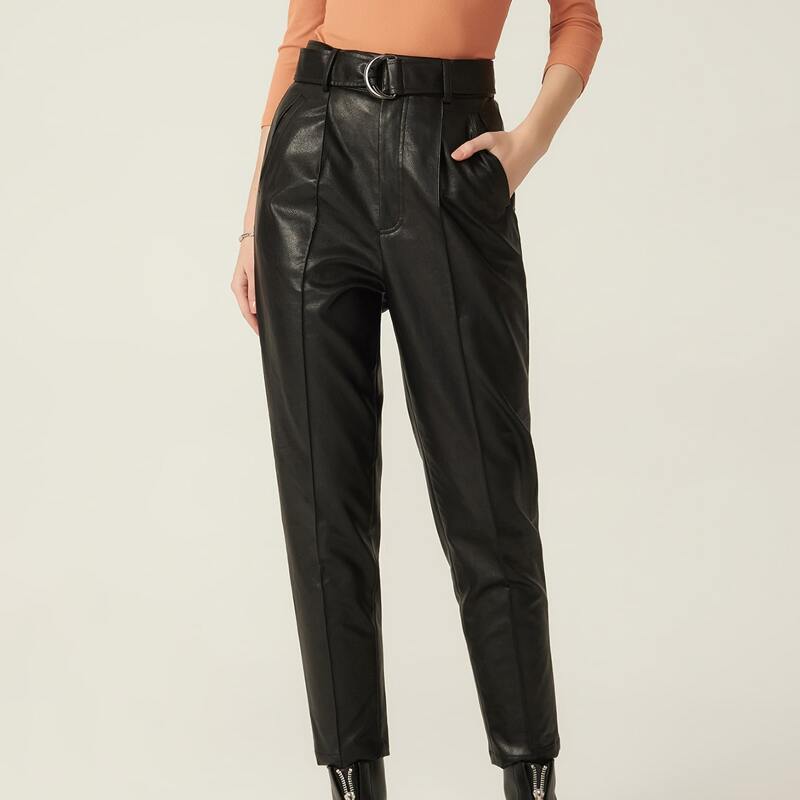 

PU LEATHER BELTED TAPERED LEG PANTS, Black