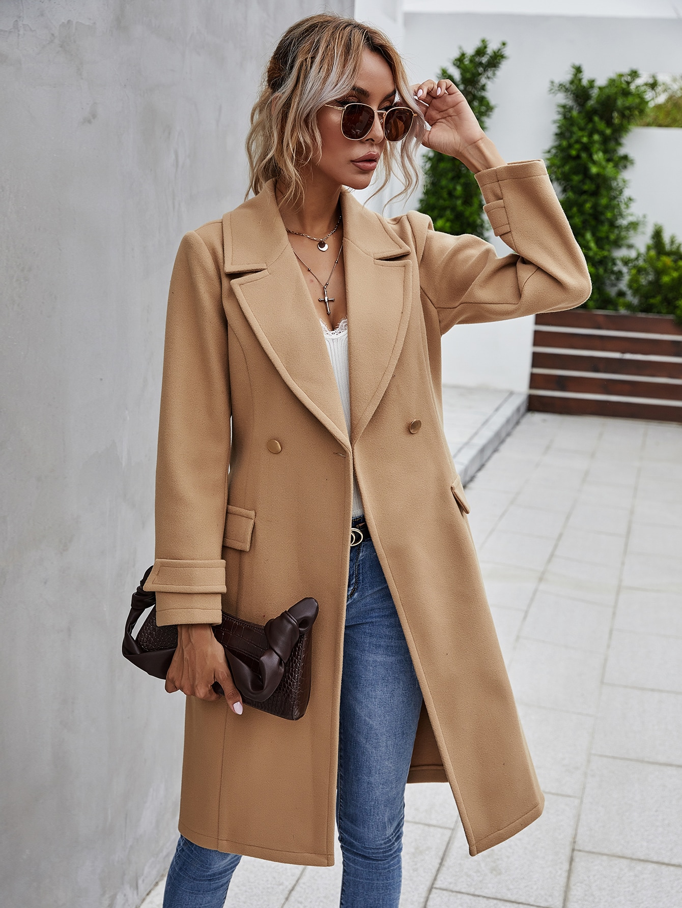 Double Button Lapel Collar Self Tie Overcoat thumbnail
