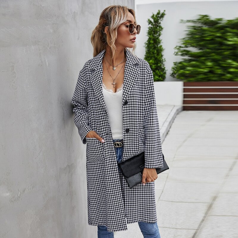

Houndstooth Single Breasted Tweet Coat, Black and white