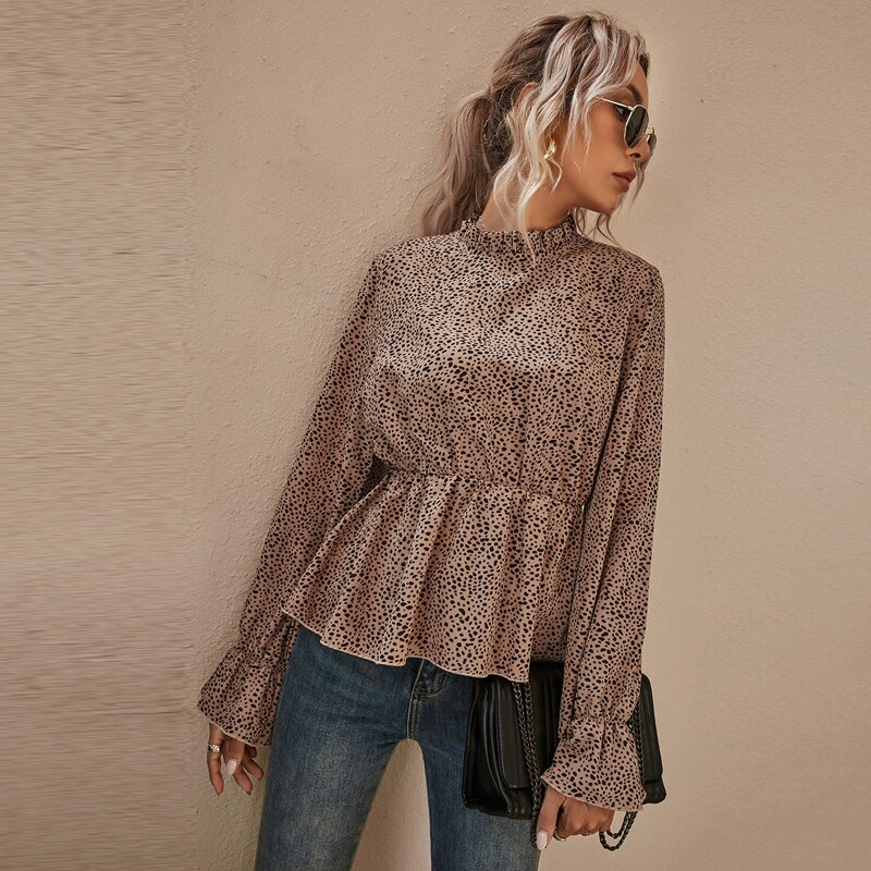 

Ruffle Neck Dalmatian Print Peplum Blouse, Multicolor