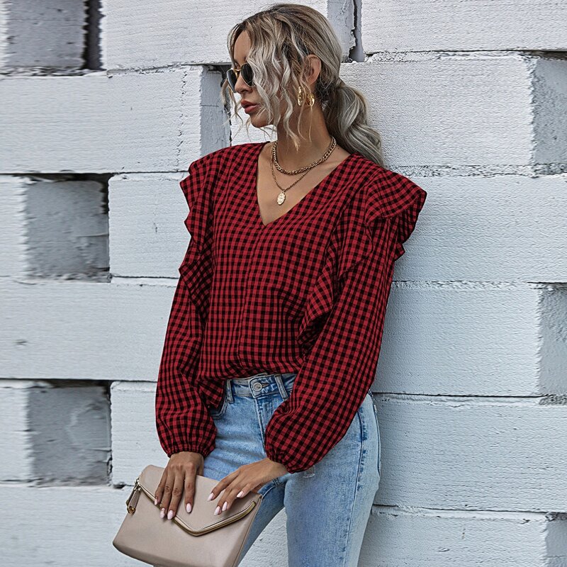 

Gingham Ruffle Trim Bishop Sleeve Blouse, Red