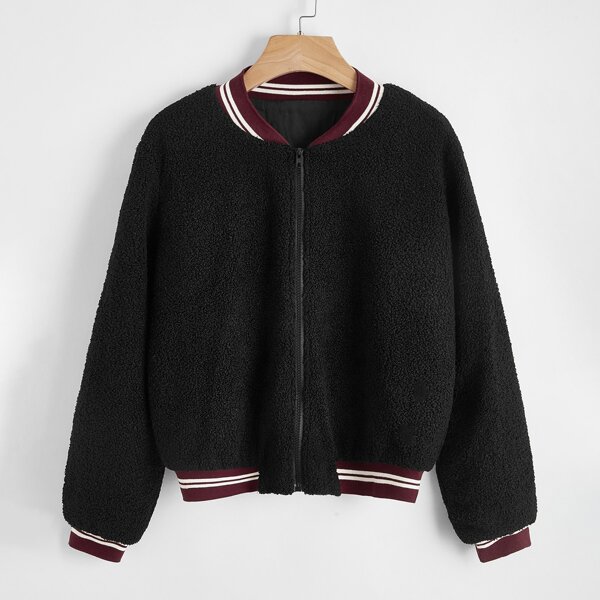 

Striped Zipper Up Front Teddy Jacket, Black