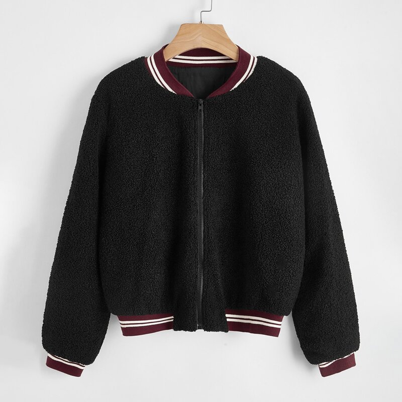

Striped Zipper Up Front Teddy Jacket, Black