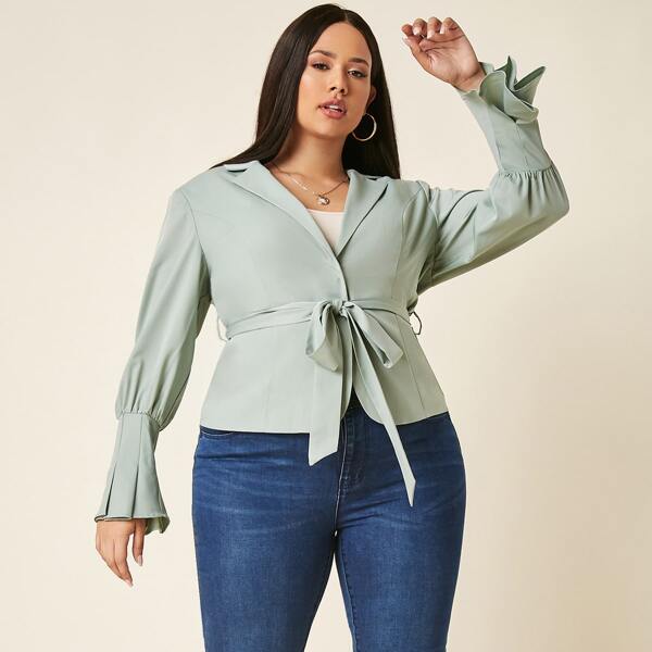 

Plus Flounce Sleeve Belted Blazer, Mint green