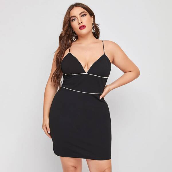 

Plus Rhinestone Trim Bodycon Dress, Black