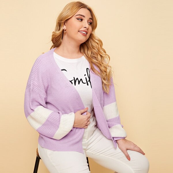 

Plus Open Front Drop Shoulder Colorblock Cardigan, Pastel lilac purple