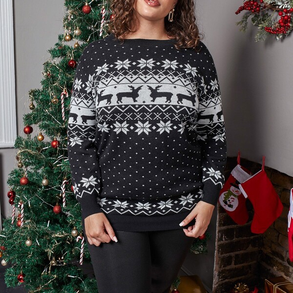 

Plus Ribbed Knit Ugly Sweater, Black and white