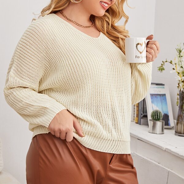 

Plus Ribbed Knit Drop Shoulder Sweater, Beige
