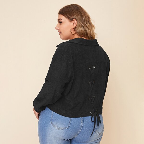

Plus Corduroy Garment Lace Up Back Jacket, Black