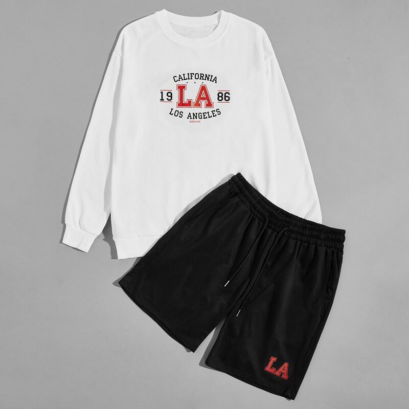 

Guys Letter Graphic Sweatshirt & Drawstring Shorts, Black and white