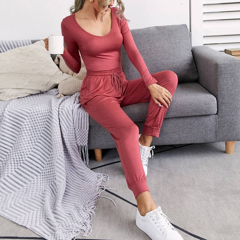 

Tee With Drawstring Waist Pants Lounge Set, Rusty rose