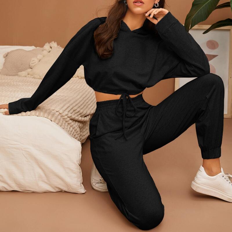 

Drawstring Hem Hoodie & Sweatpants PJ Set, Black