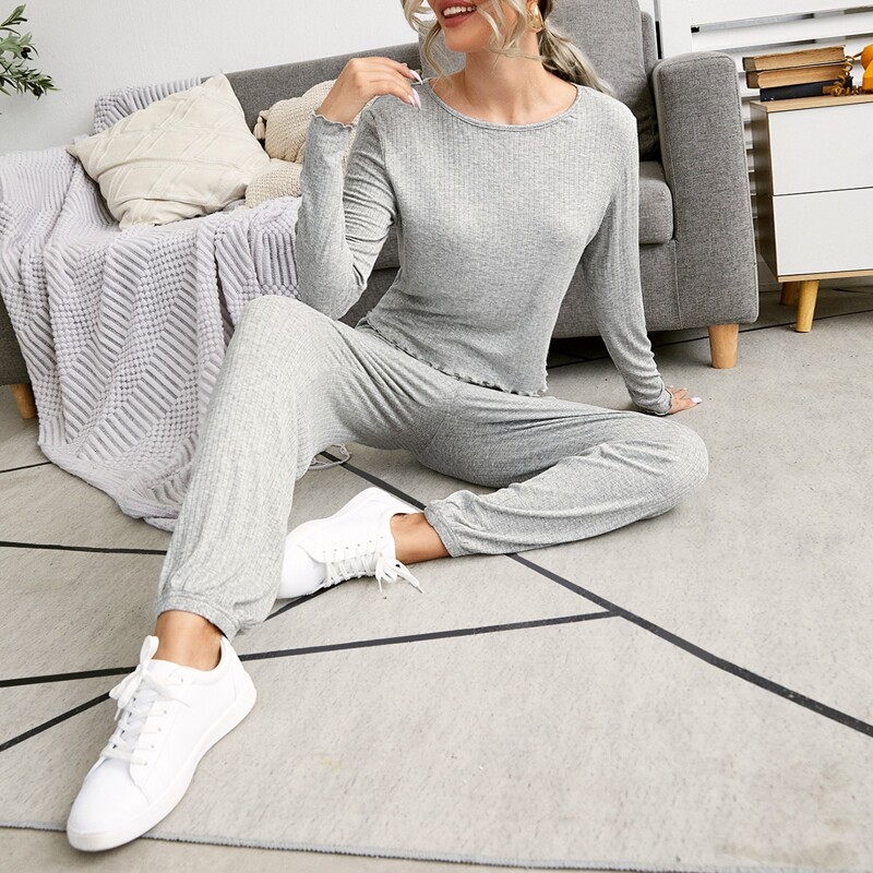 

Lettuce Trim Rib-knit PJ Set, Light grey