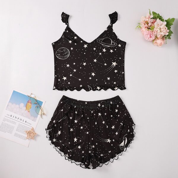 

Galaxy Print Ruffle Lettuce Trim PJ Set, Black