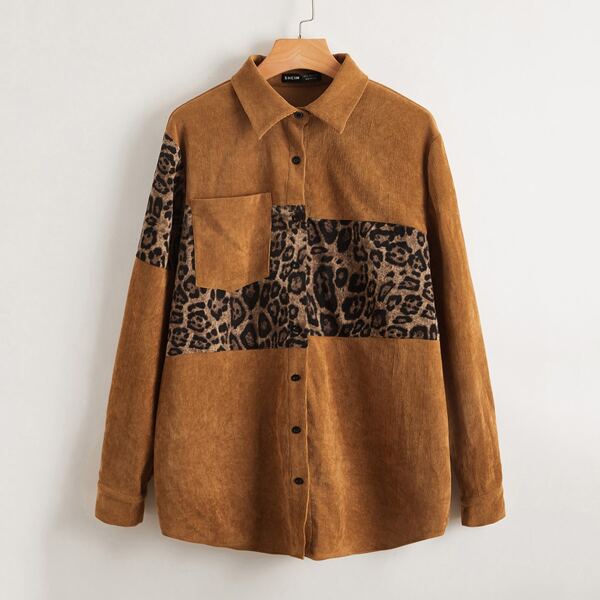 

Leopard Panel Corduroy Blouse, Brown