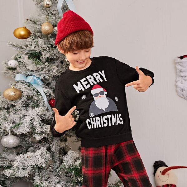 

Boys Slogan & Santa Claus Print Pullover, Black