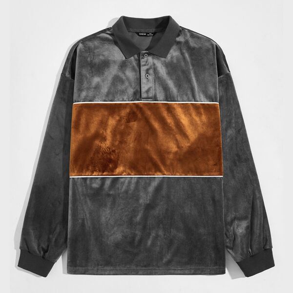 

Men Colorblock Velvet Polo Shirt, Dark grey