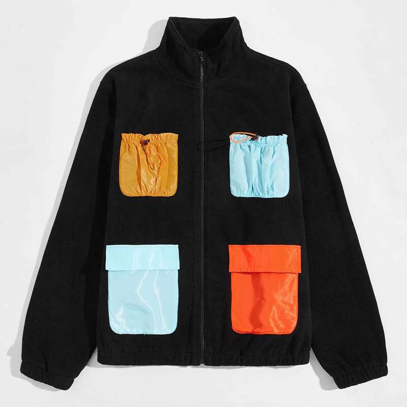 

Guys Colorblock Pocket Front Teddy Jacket, Black