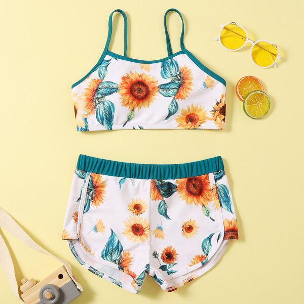 

Girls Sunflower Print Bikini Swimsuit, Multicolor