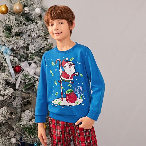 

Boys Christmas Letter & Santa Claus Print Pullover, Blue