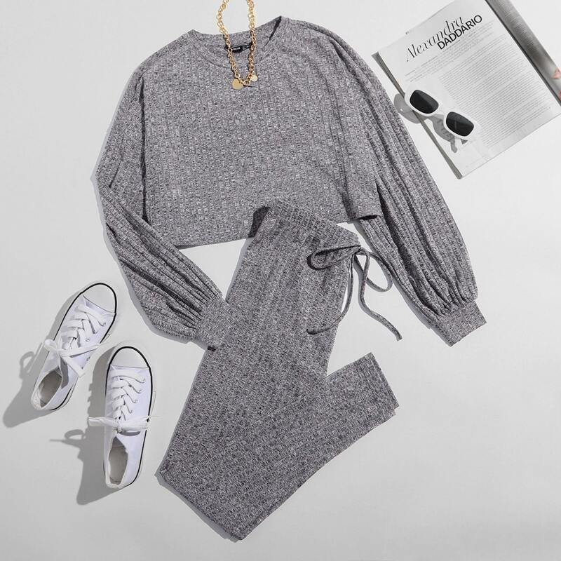 

Drop Shoulder Tee & Knot Front Leggings Set, Grey