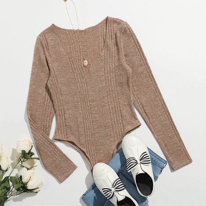 

Notched Neck Rib-knit Bodysuit, Khaki