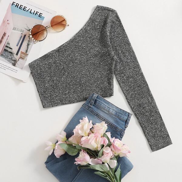 

One Shoulder Rib-knit Crop Tee, Dark grey