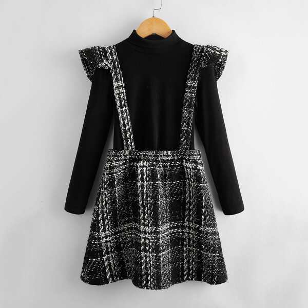 

Girls Rolled Neck Top & Tweed Suspender Skirt Set, Black and white