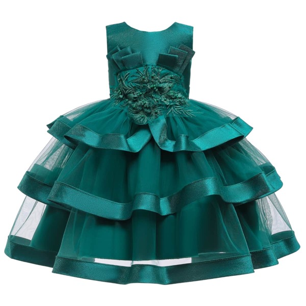 

Toddler Girls Flower Applique Layered Gown Dress, Green
