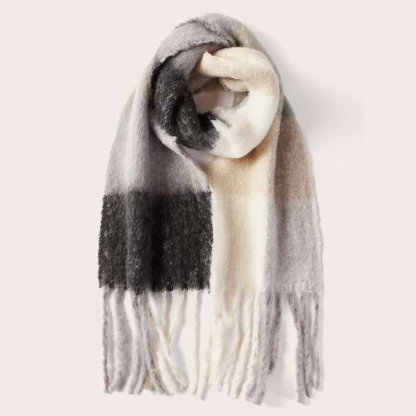 

Plaid Pattern Fringe Hem Scarf, Multicolor