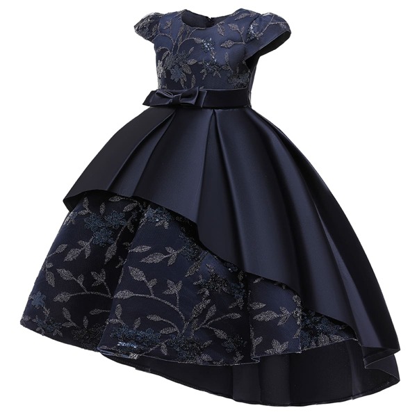 

Toddler Girls Embroidery Plants Contrast Sequin Layered Gown Dress, Navy blue