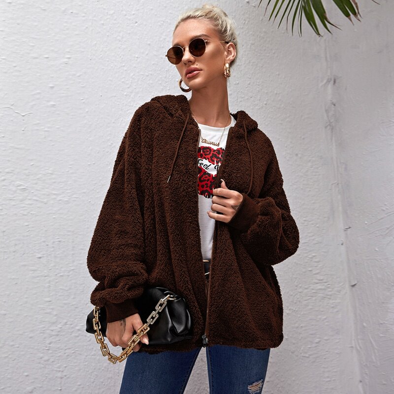 

Zip Up Drawstring Hooded Teddy Coat, Chocolate brown