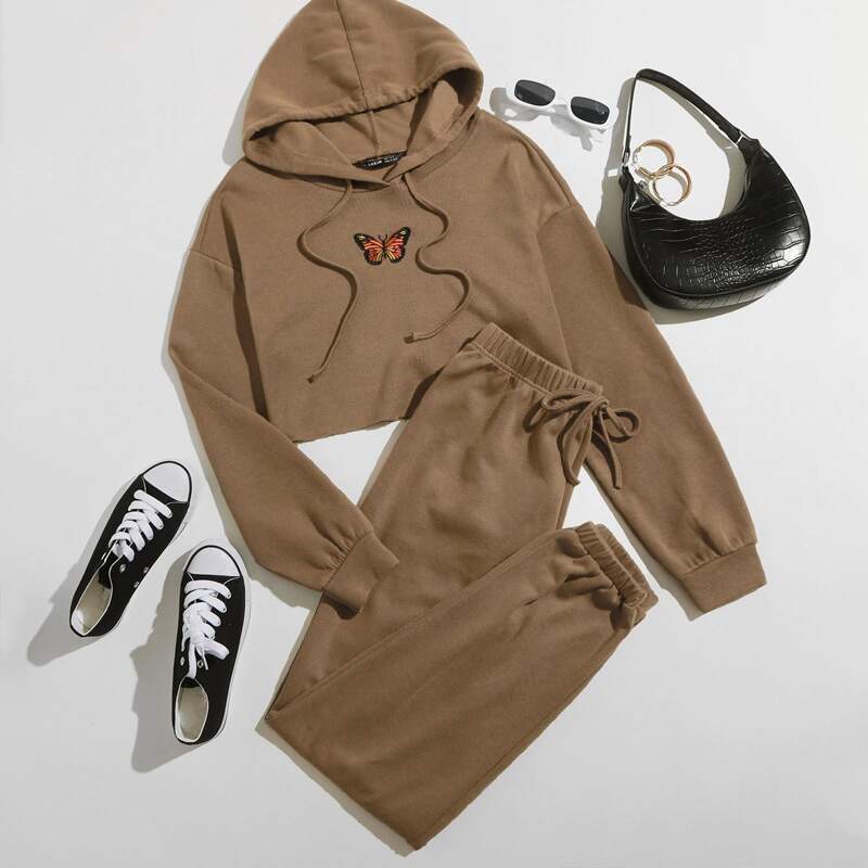 

Butterfly Embroidery Hoodie & Sweatpants Set, Camel