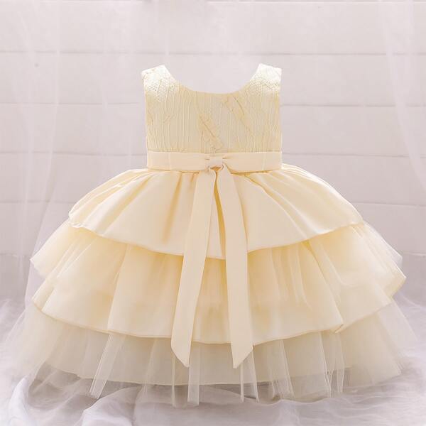 

Toddler Girls Bow Cut Out Back Layered Hem Gown Dress, Yellow pastel